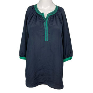 Collective Concepts Shirt Women M Navy Blue Green Embroidered‎ Trim Pullover Top